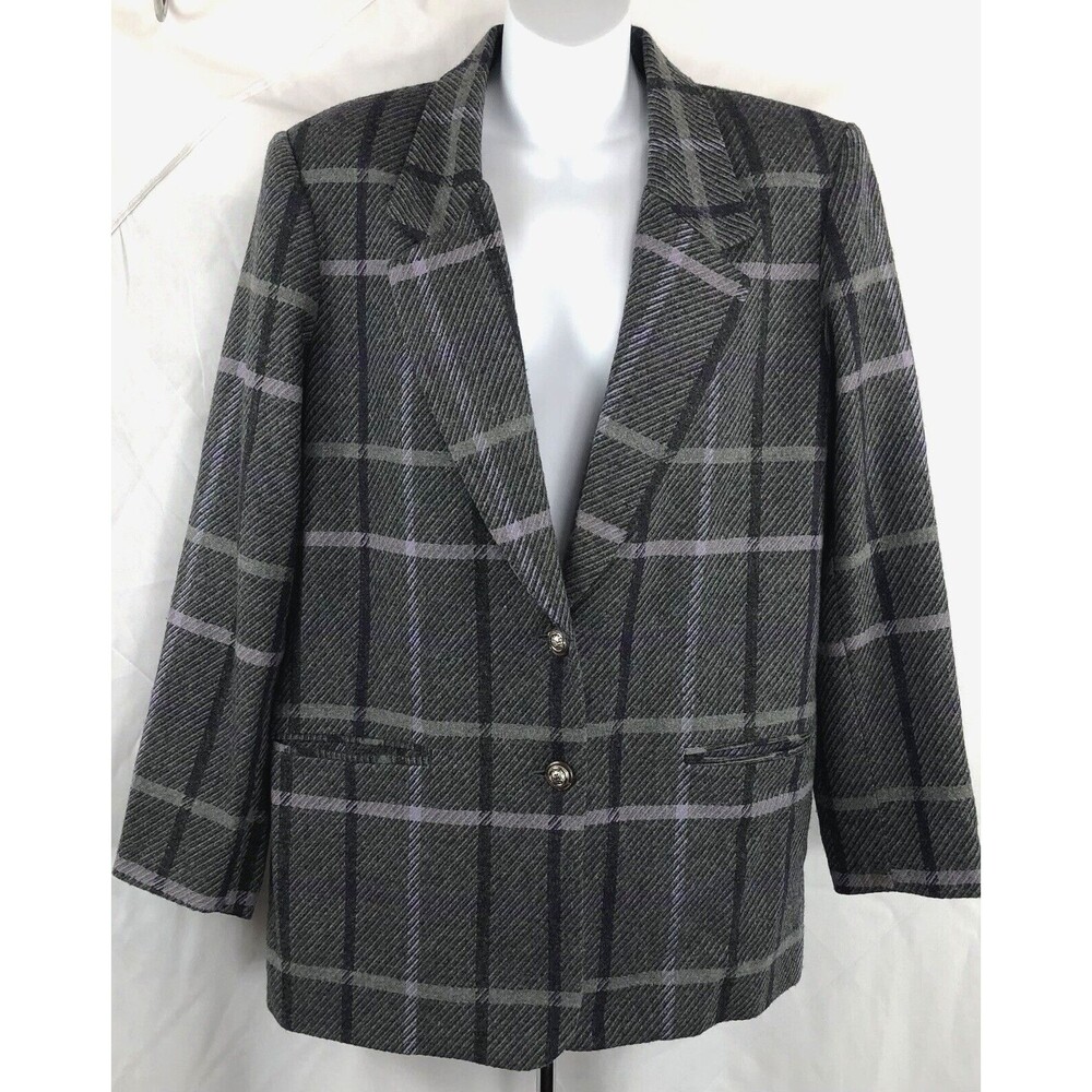 Vtg Alfred Dunner Wool Blazer Jacket 12 Gray Purple Plaid Pocket Career Academia